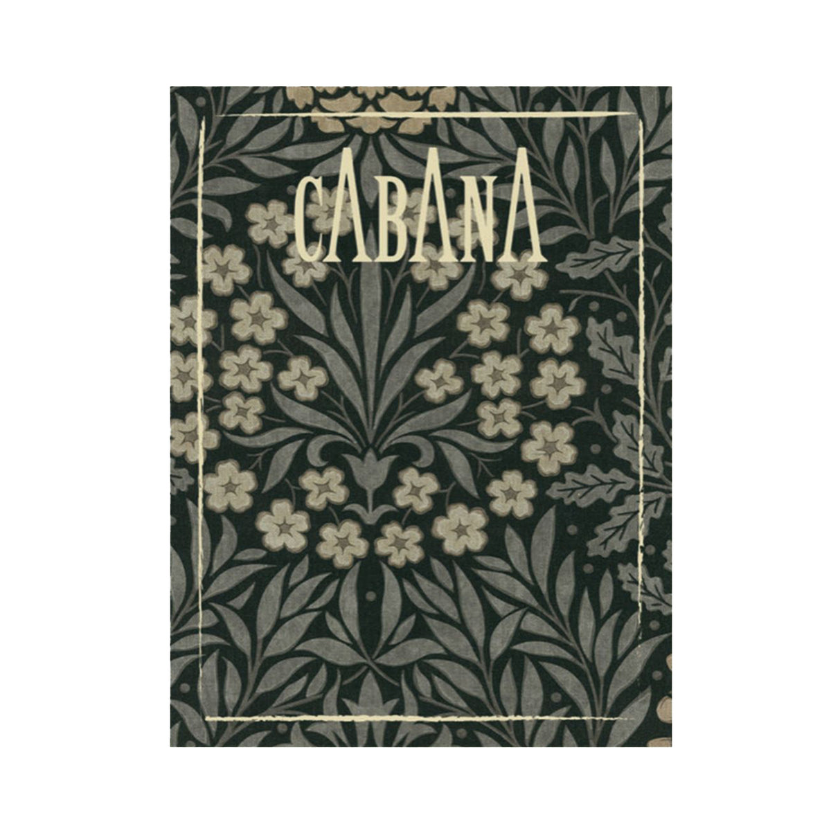 Magazine covered with a floral patterned fabric print from The Unfinished Works, Morris &amp; Co. x The Huntington collection, with &#39;Cabana&#39; branding on a white background