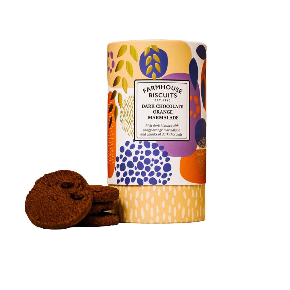 Biscuit tin with decorative label and two cookies on a white background
