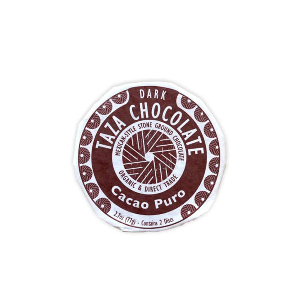 A single round package of Taza Chocolate Dark Cacao Puro chocolate on a plain white background.