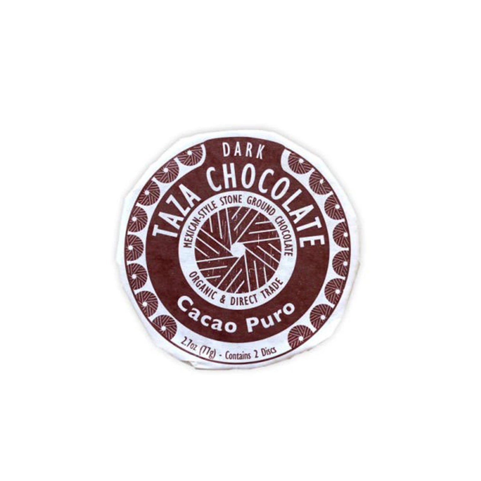 A single round package of Taza Chocolate Dark Cacao Puro chocolate on a plain white background.