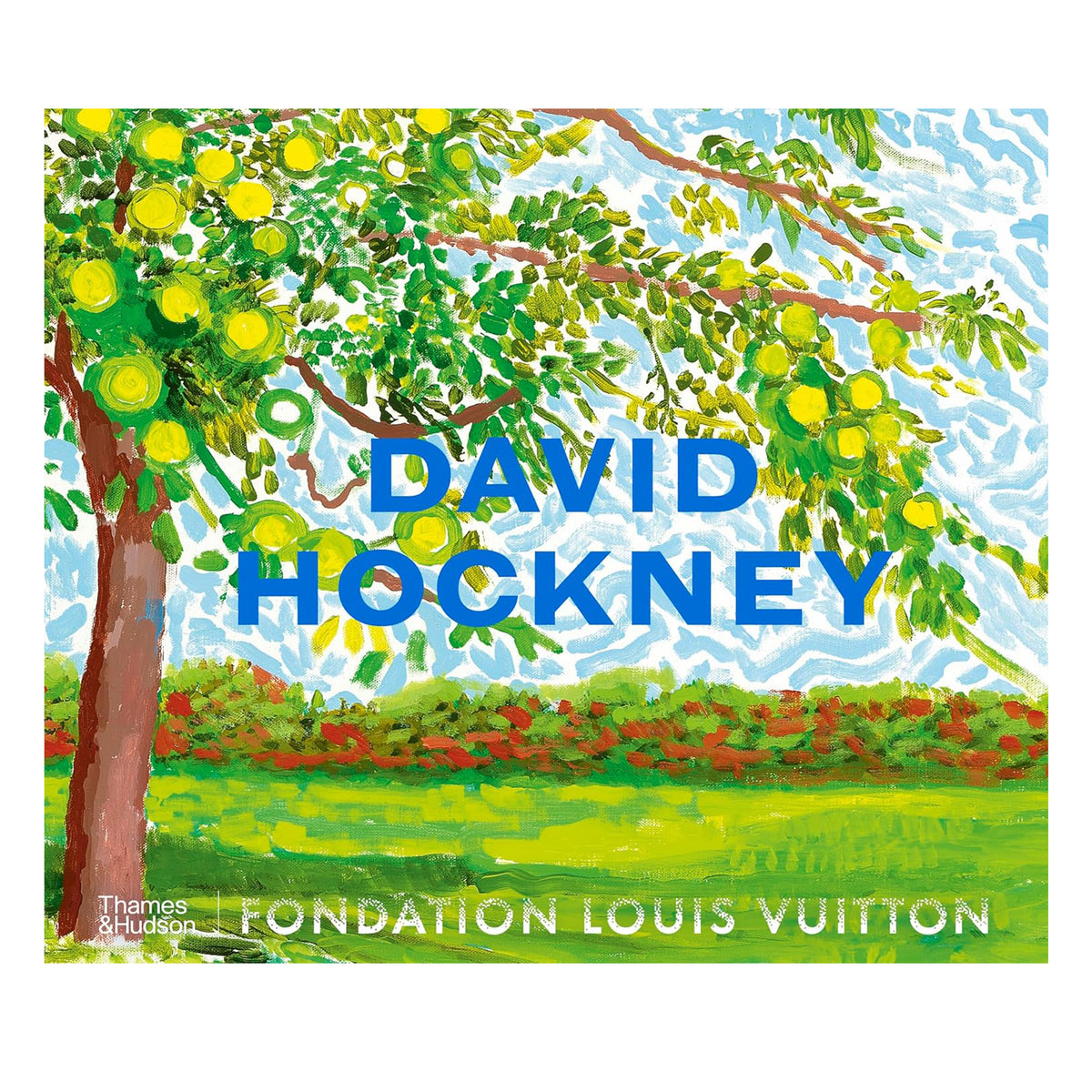 Book cover with &#39;David Hockney&#39; and &#39;Fondation Louis Vuitton&#39; text, featuring a colorful painting of a tree and landscape.