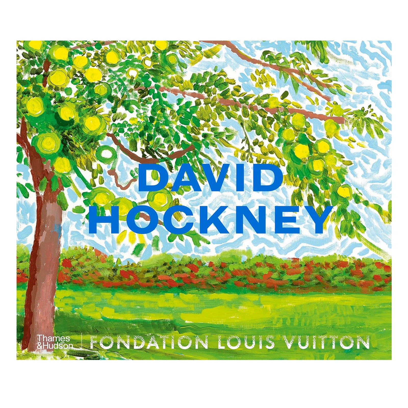 Book cover with 'David Hockney' and 'Fondation Louis Vuitton' text, featuring a colorful painting of a tree and landscape.