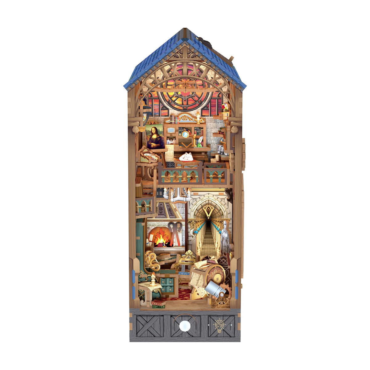 A miniature dollhouse cutaway model of a cozy cottage interior, showcasing detailed miniature rooms, furniture, a fireplace, and a blue roof on a plain white background.