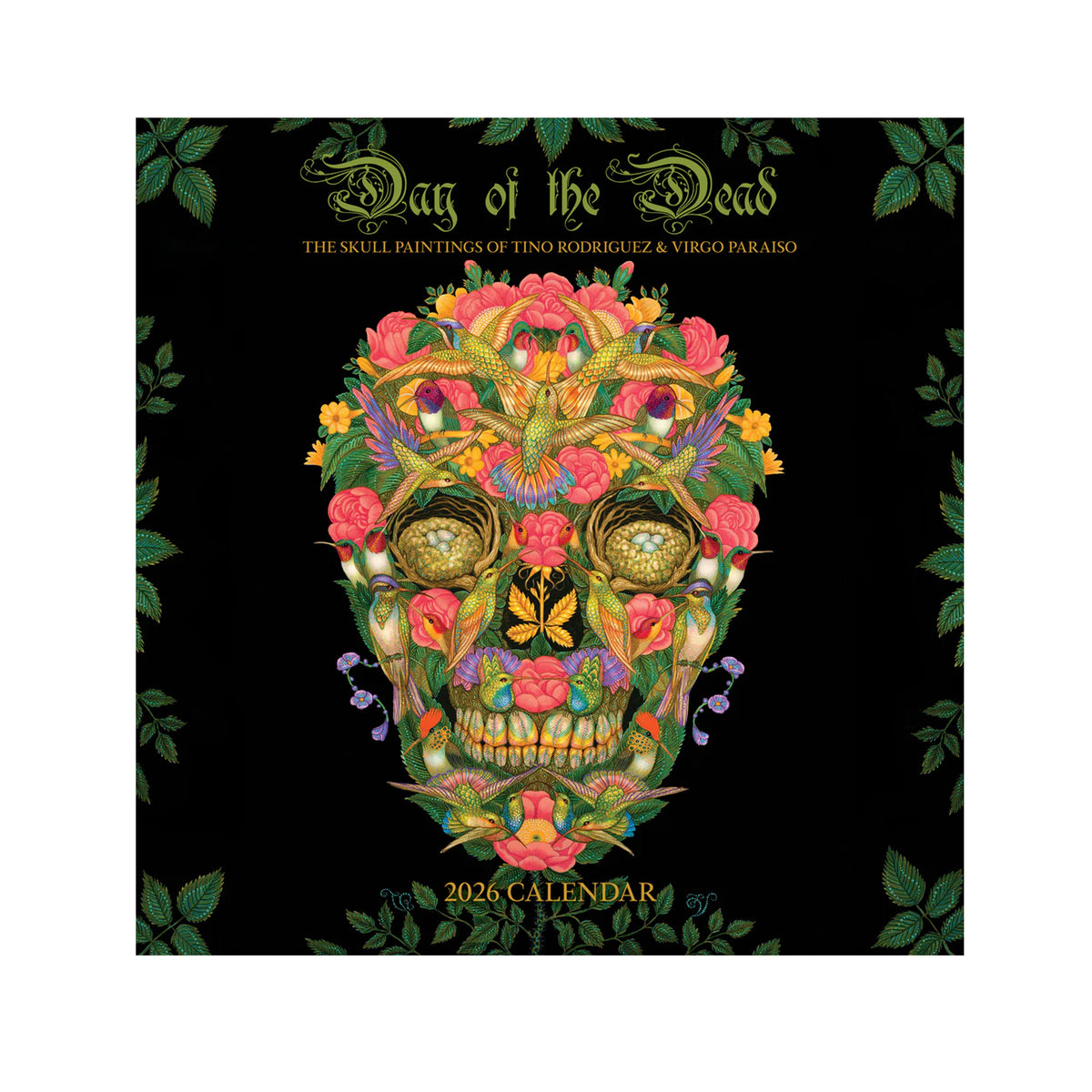 2026 calendar cover with a colorful skull design and &#39;Day of the Dead&#39; text on a black background.