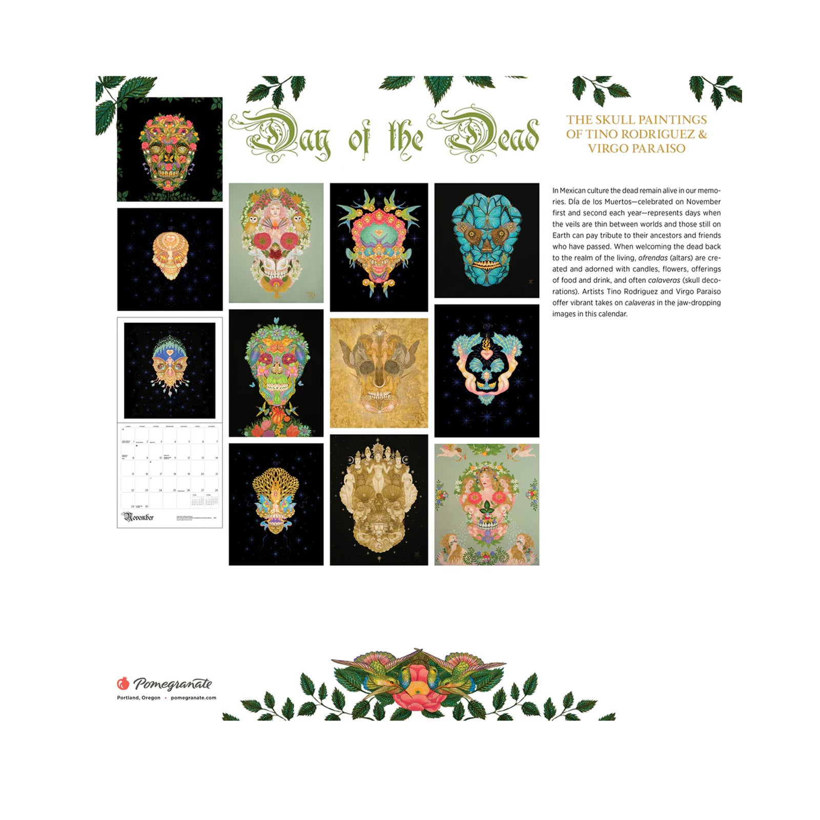 2026 calendar cover with a colorful skull design and 'Day of the Dead' text on a black background.