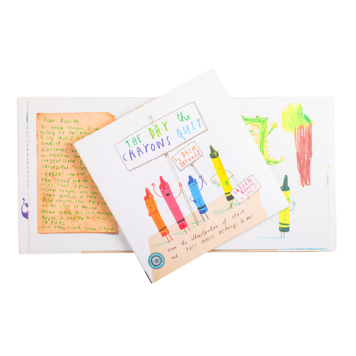 Children's story book with colorful crayon illustrations and text on a white background