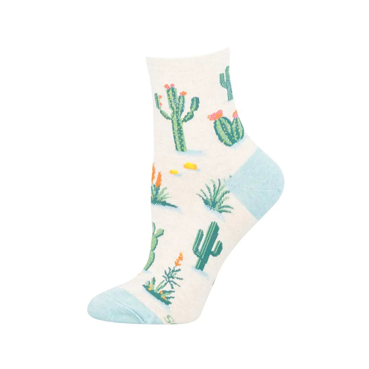 A single ankle sock with a cactus and succulent pattern on a cream background, featuring light blue toes and heels, set against a plain white background.