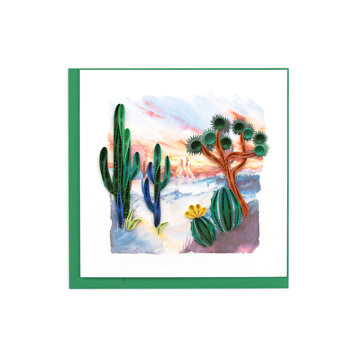 Notecard with an illustration of cacti with a sunset background on a white background.