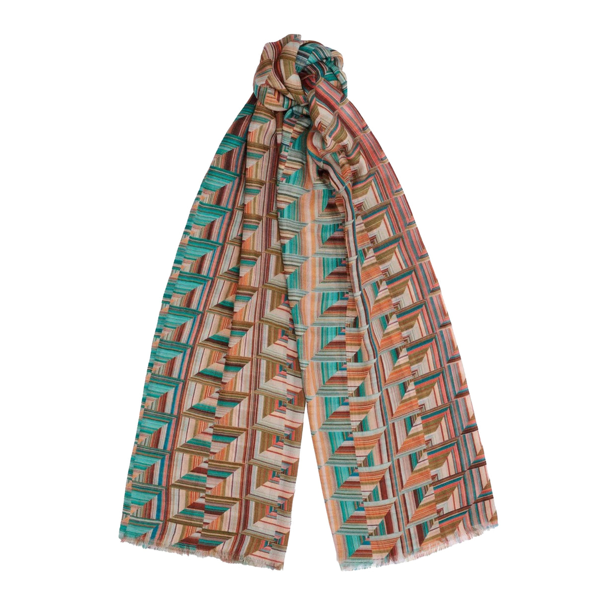 A lightweight scarf with a multicolor geometric pattern featuring shades of teal, orange, brown, and beige, styled in a loose knot on a solid white background.