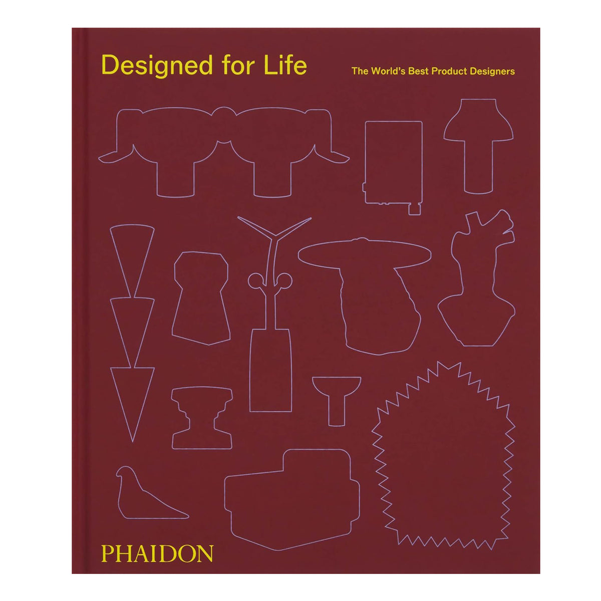 Book cover of &#39;Designed for Life&#39; by Phaidon with minimalistic line drawings on a red background.