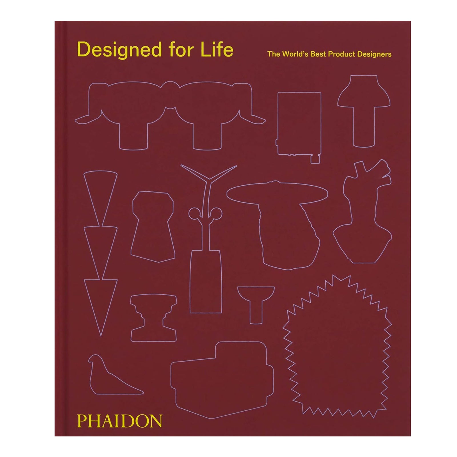 Book cover of 'Designed for Life' by Phaidon with minimalistic line drawings on a red background.