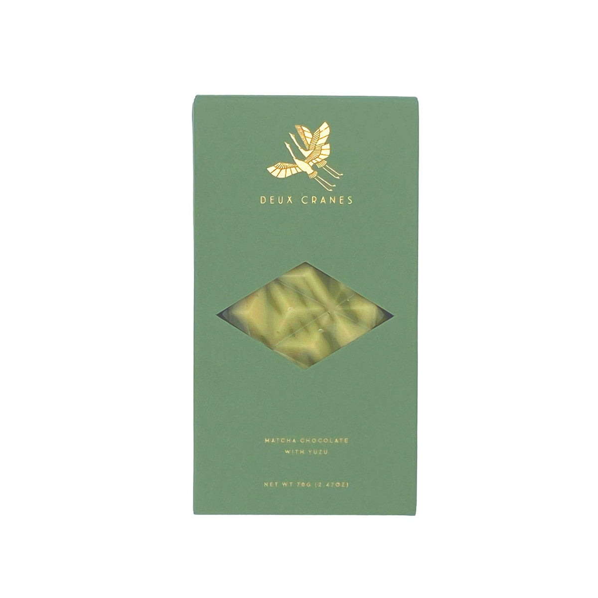 Green chocolate packaging with gold accents on a white background
