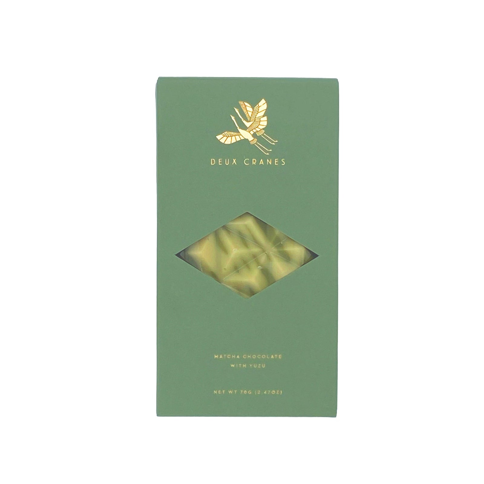 Green chocolate packaging with gold accents on a white background