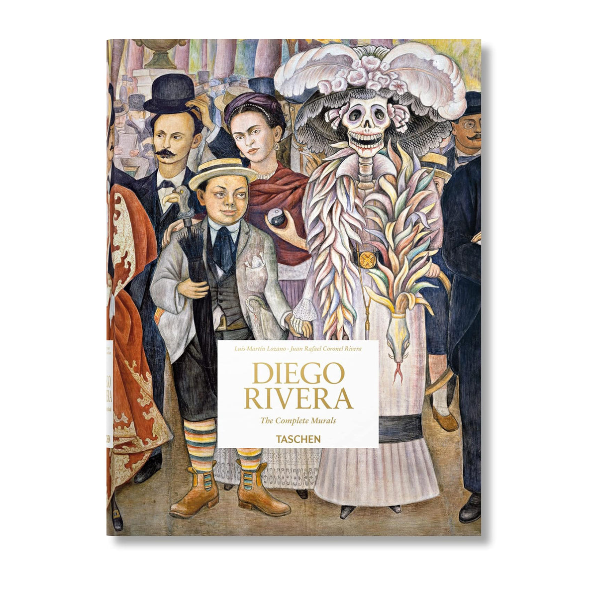 Book cover featuring an illustration of a group of people with a skeleton in a colorful dress, titled &#39;Diego Rivera: The Complete Murals&#39; by Taschen.