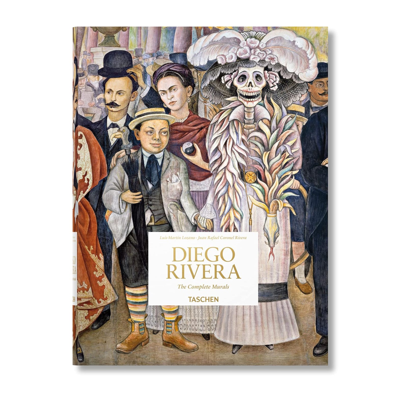 Book cover featuring an illustration of a group of people with a skeleton in a colorful dress, titled 'Diego Rivera: The Complete Murals' by Taschen.