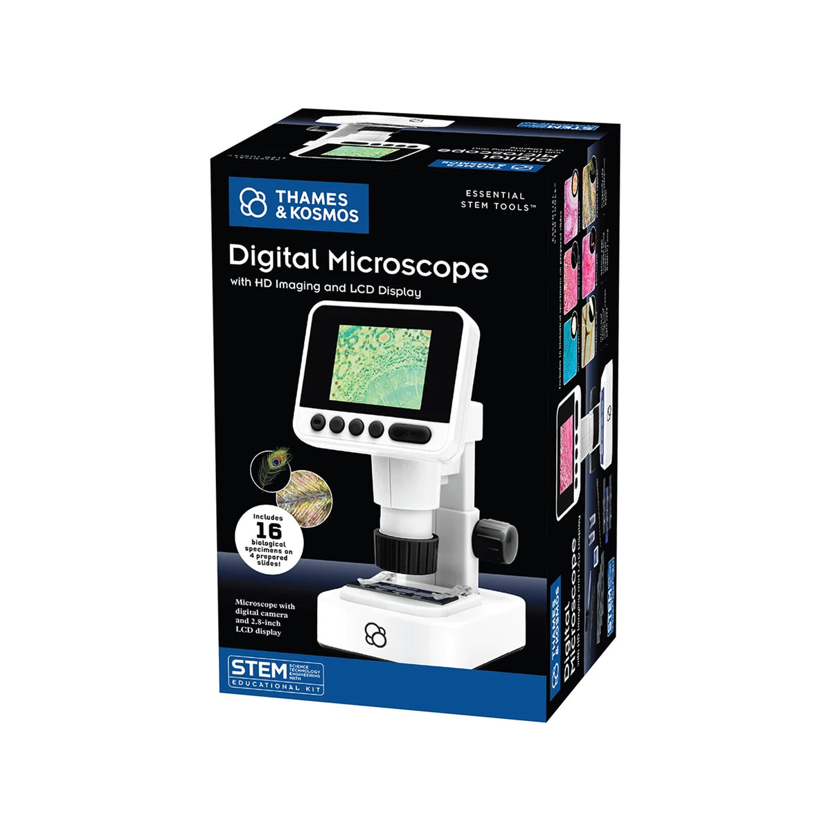 A boxed STEM product labeled Thames & Kosmos Digital Microscope with HD Imaging and LCD Display, shown on a plain white background.