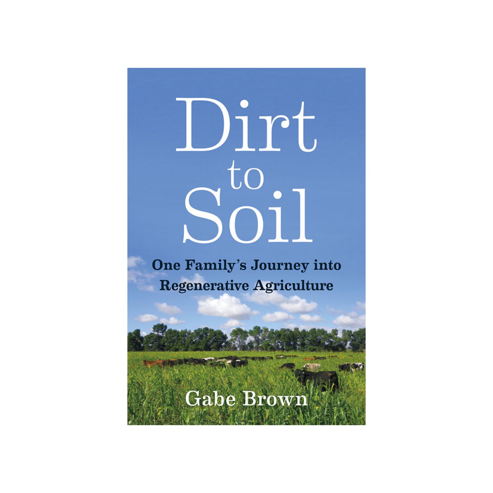 The book 'Dirt to Soil' by Gabe Brown, featuring a blue sky and green field cover design, shown on a plain white background.