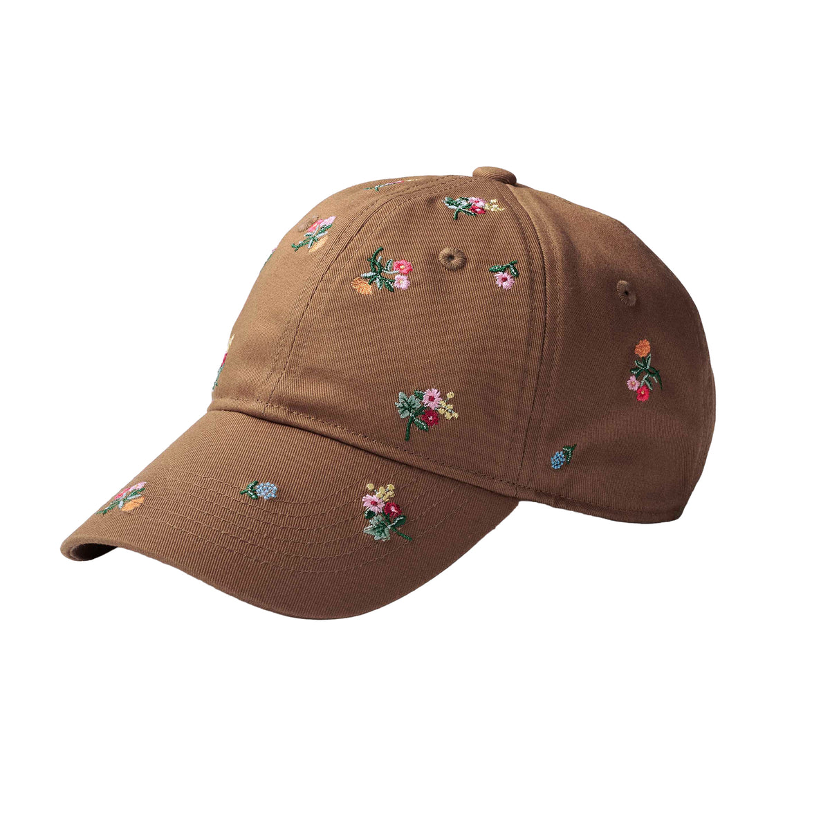 Brown cap with floral embroidery on a white background