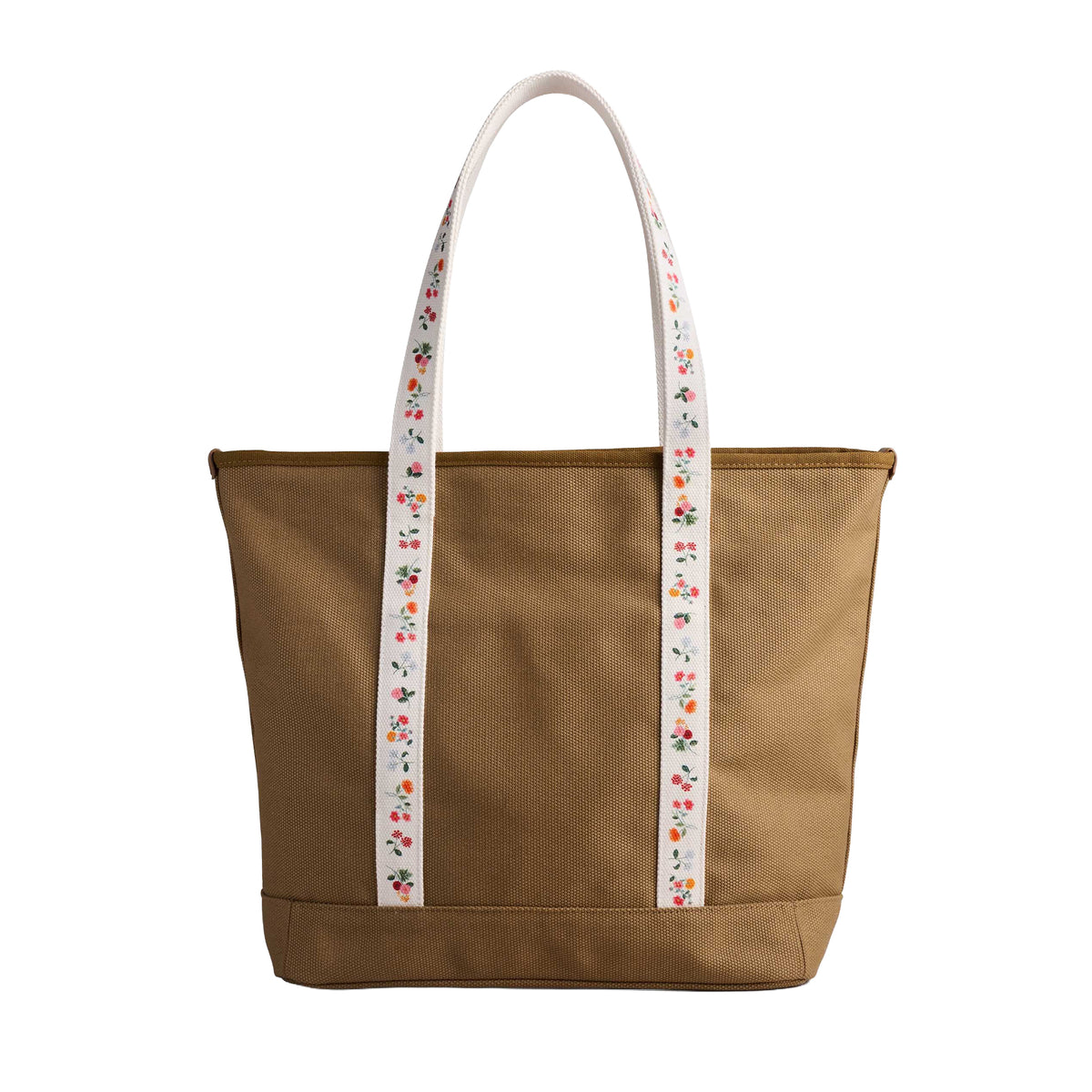 Brown tote bag with floral-patterned straps on a white background