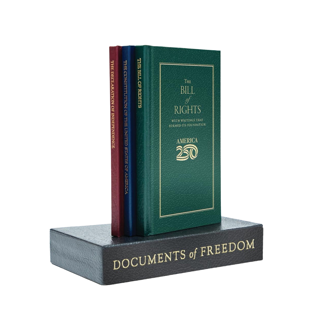 Green book titled 'The Bill of Rights' on a stand with 'Documents of Freedom' branding.