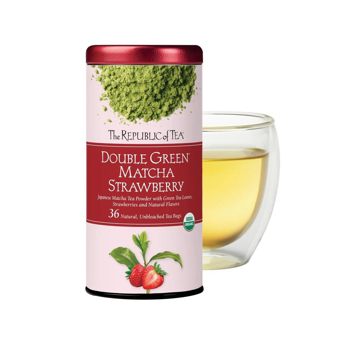 Tea canister labeled 'Double Green Matcha Strawberry' by The Republic of Tea with a glass of tea.