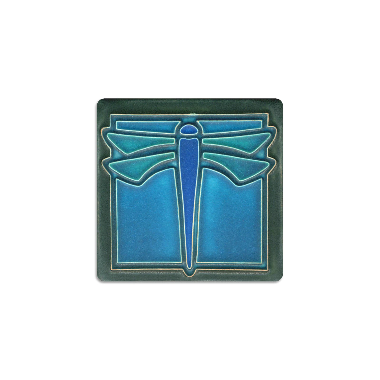 Decorative tile with a blue dragonfly design on a black background