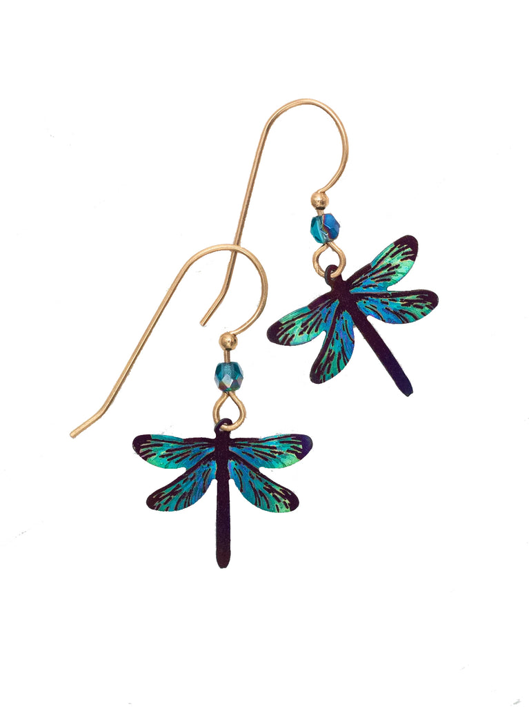 These colorful dragonfly earrings are artfully crafted with the most exquisite detailing: vibrant color, state-of-the-art metalwork, and careful hand linking and wiring. True-to-life renderings of these fascinating creatures are sure to create a buzz! Materials: Niobium, gold fill ear wires Dimensions: 1 1/4" × 3/4".
