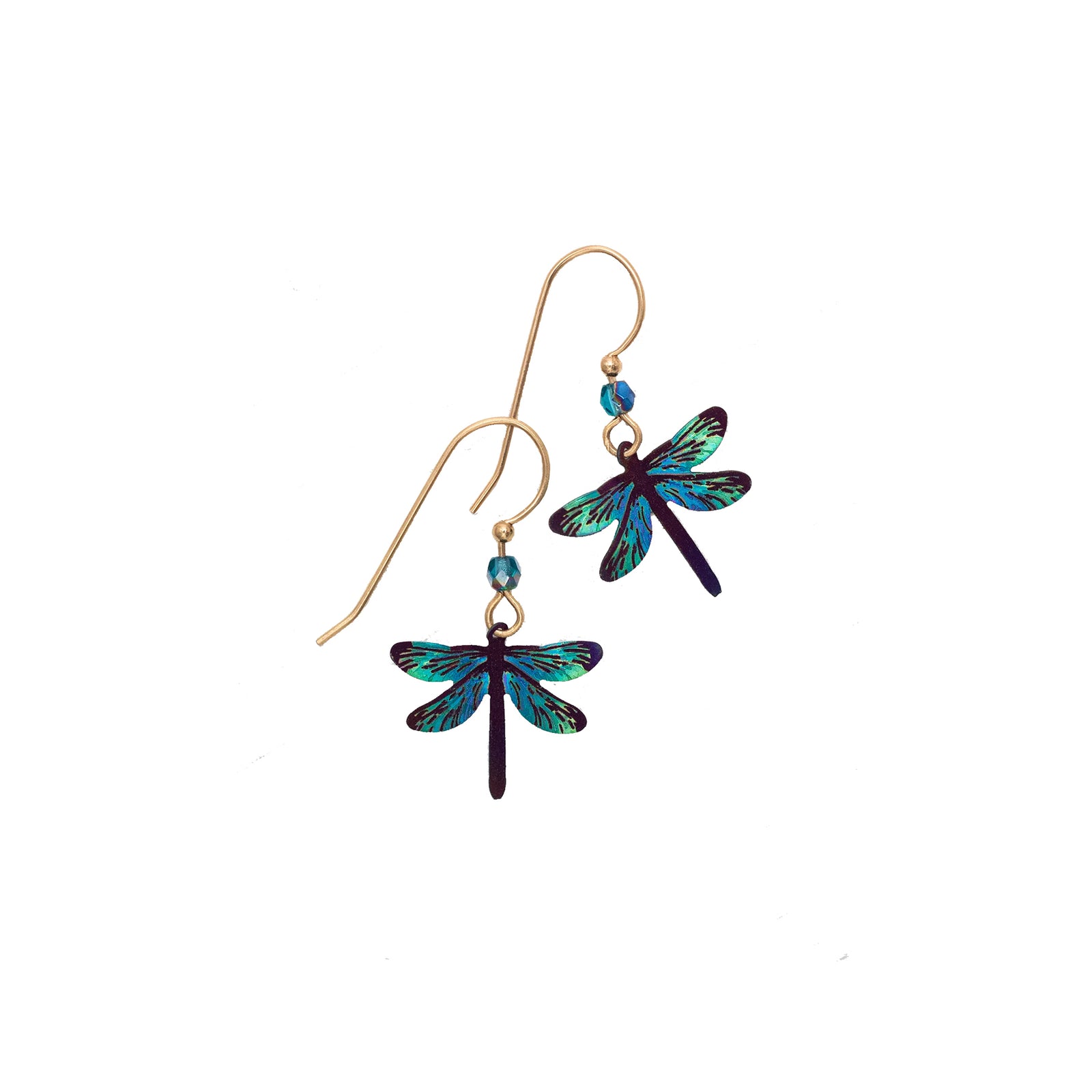 Blue dragonfly-shaped earrings on a white background.
