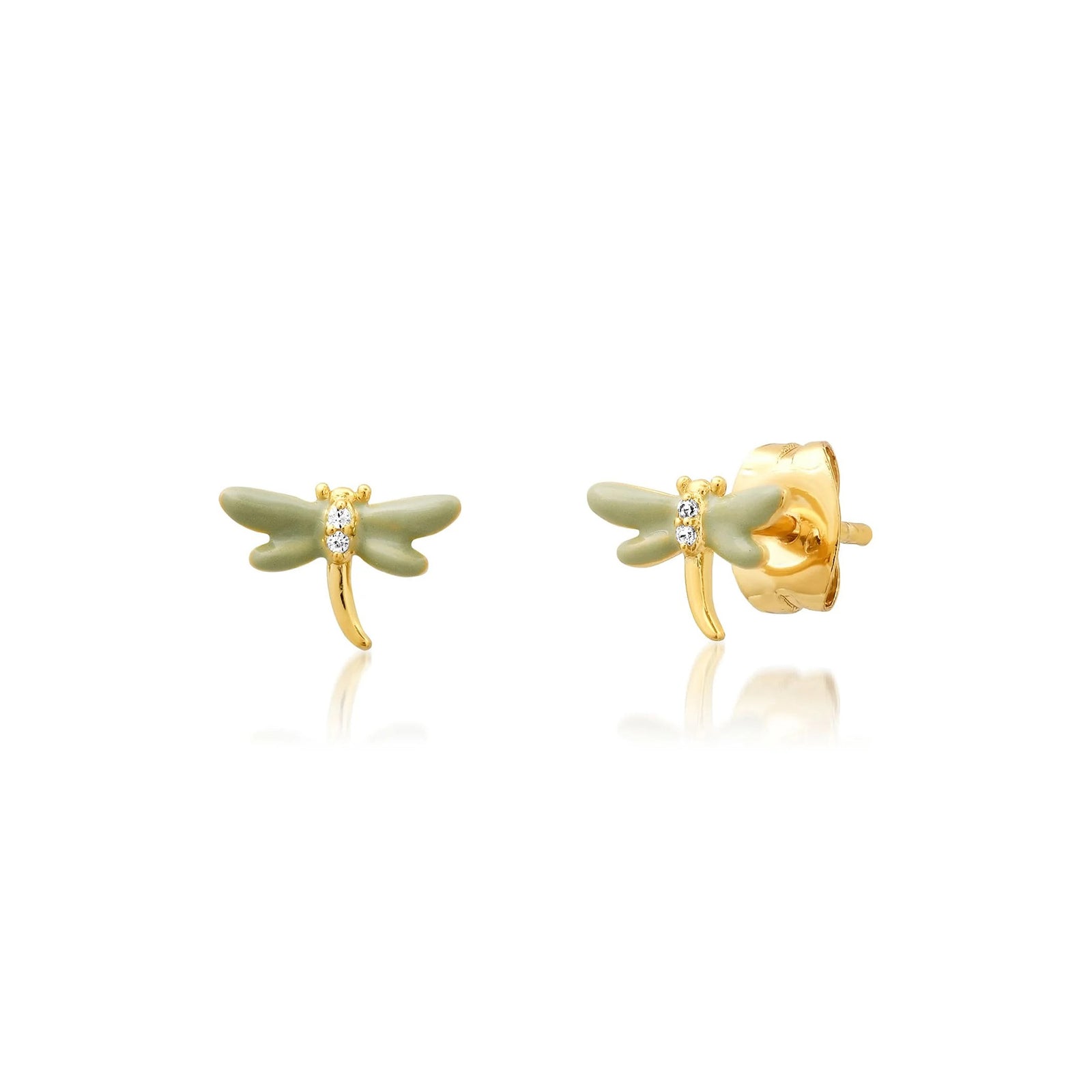 Gold and green dragonfly-shaped earrings on a white background