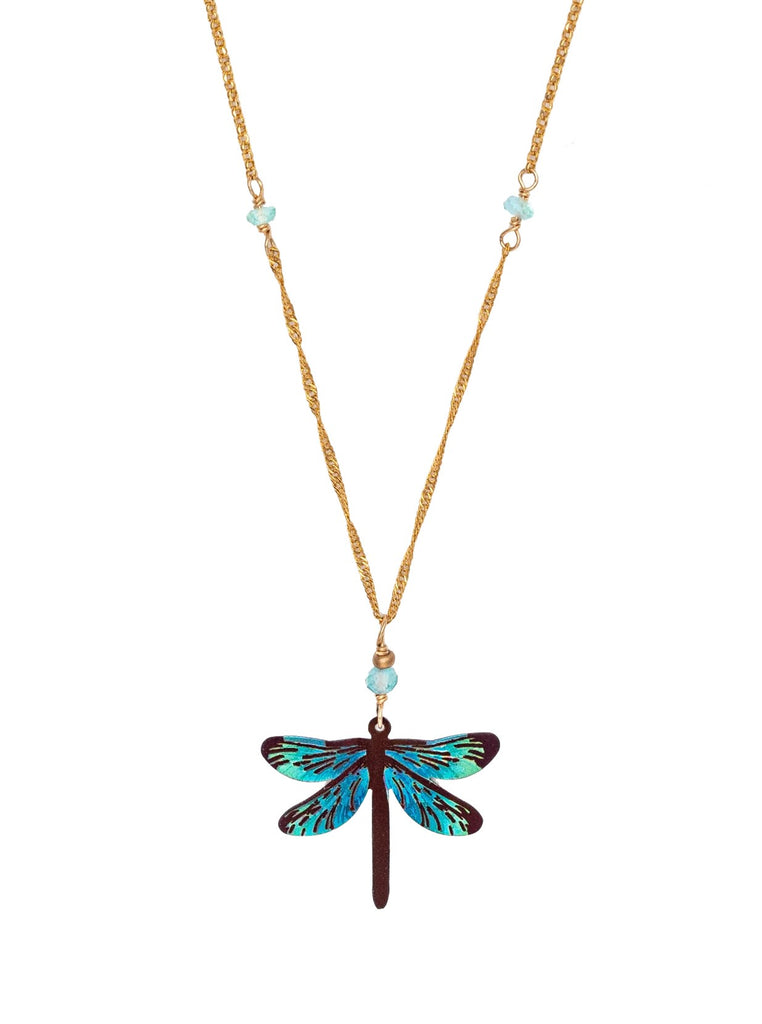 This colorful dragonfly necklace is artfully crafted with the most exquisite detailing: vibrant color, state-of-the-art metalwork, and careful hand linking and wiring. Materials: Niobium, apatite, 18k gold plated metal Dimensions: Adjustable 16-20"; 1 1/8" l. × 3/4" w. Pendant * Matching earrings available.
