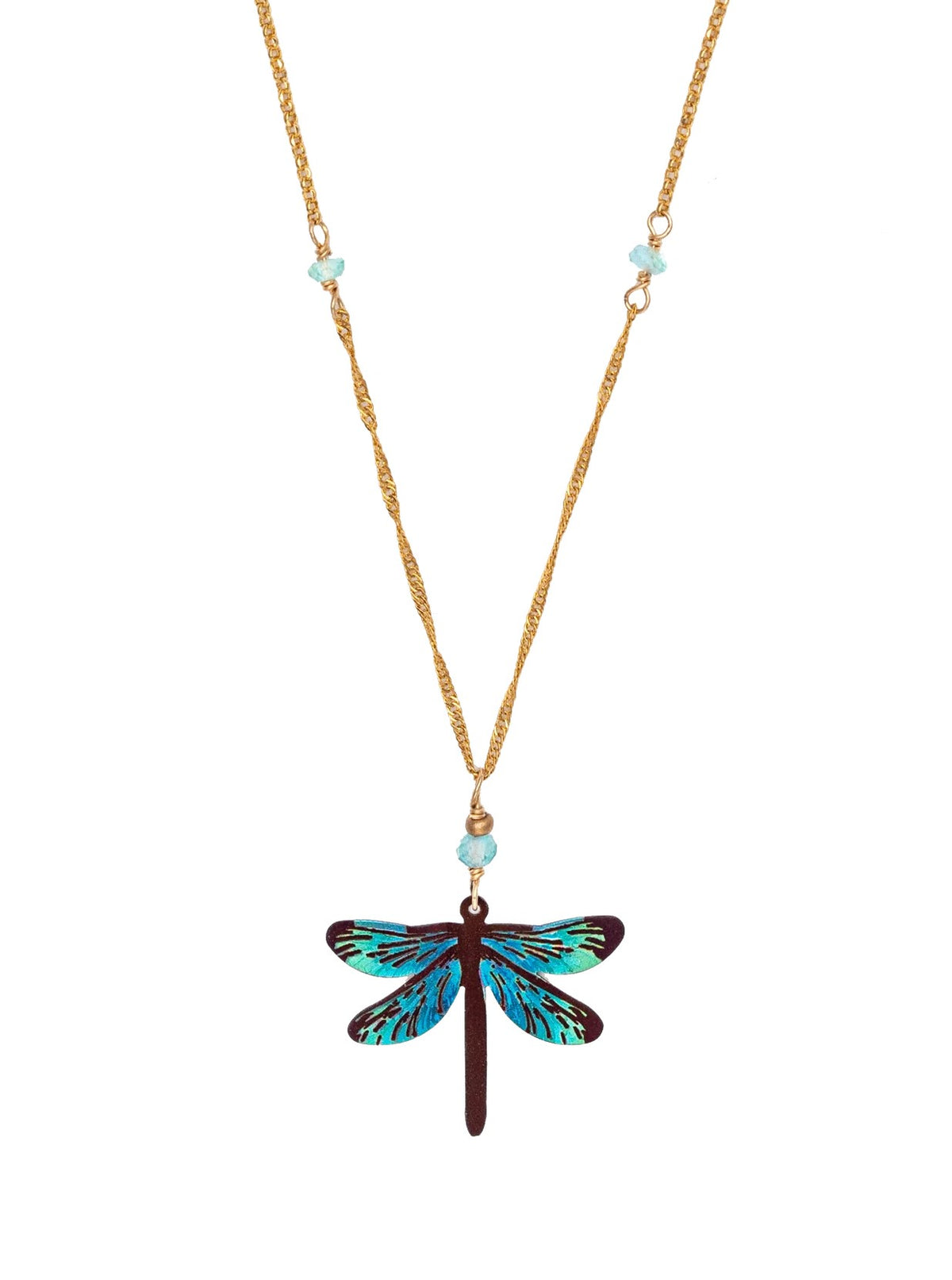 This colorful dragonfly necklace is artfully crafted with the most exquisite detailing: vibrant color, state-of-the-art metalwork, and careful hand linking and wiring. Materials: Niobium, apatite, 18k gold plated metal Dimensions: Adjustable 16-20&quot;; 1 1/8&quot; l. × 3/4&quot; w. Pendant * Matching earrings available.