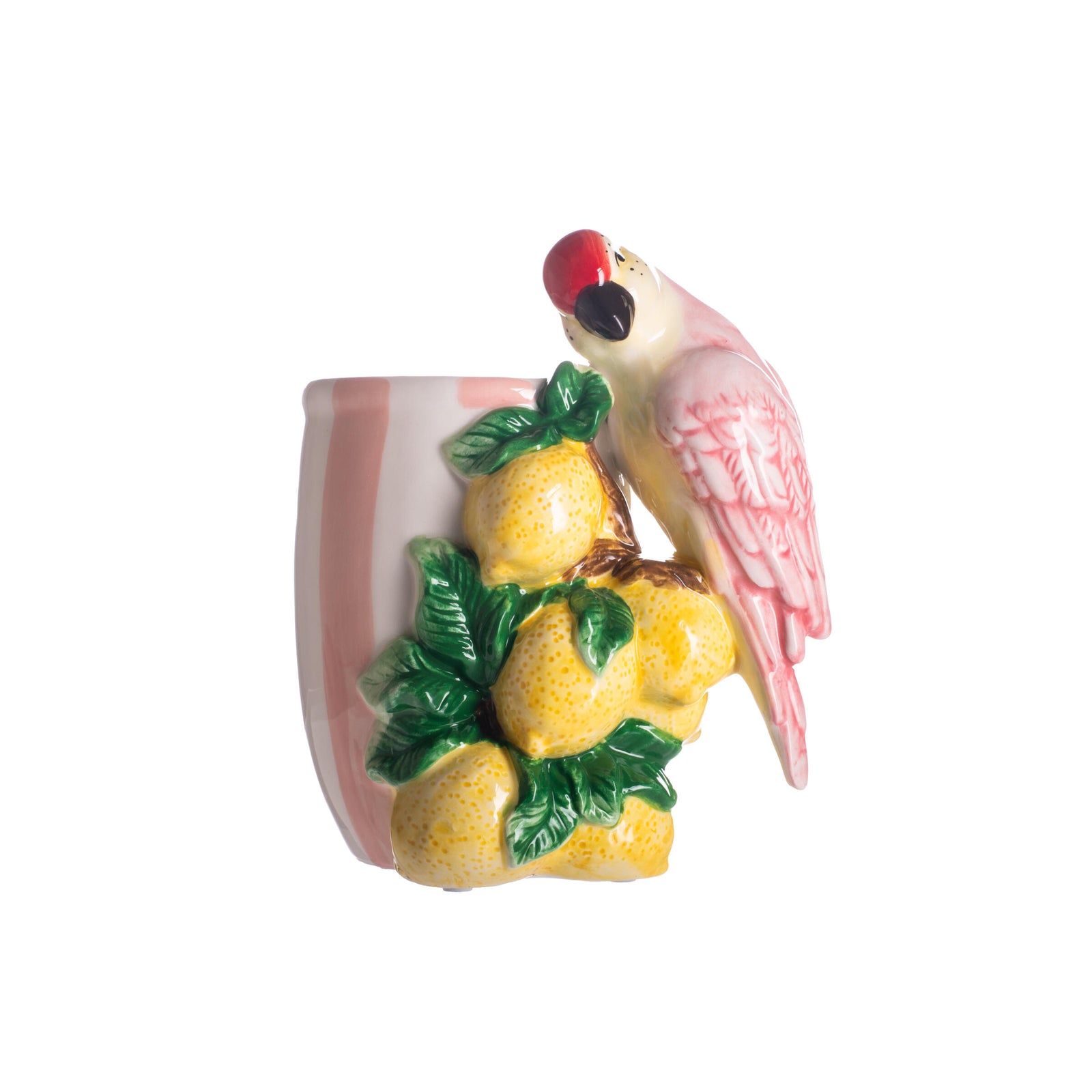Decorative vase with a parrot perched on lemons and leaves on a white background