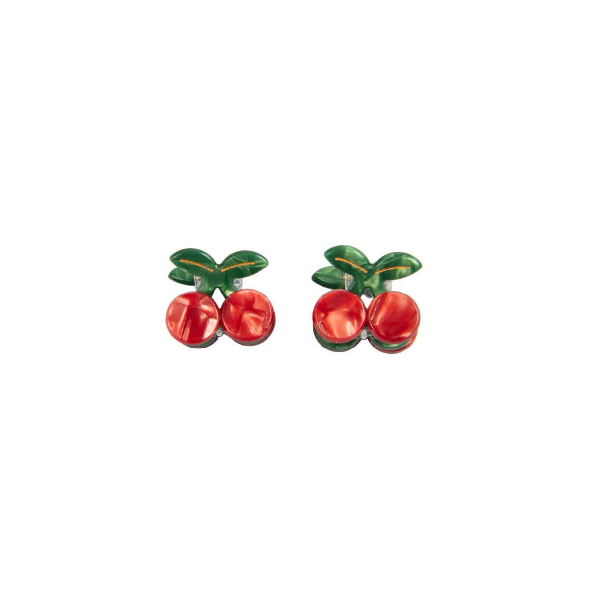 Pair of cherry-themed mini hair clips on a white background