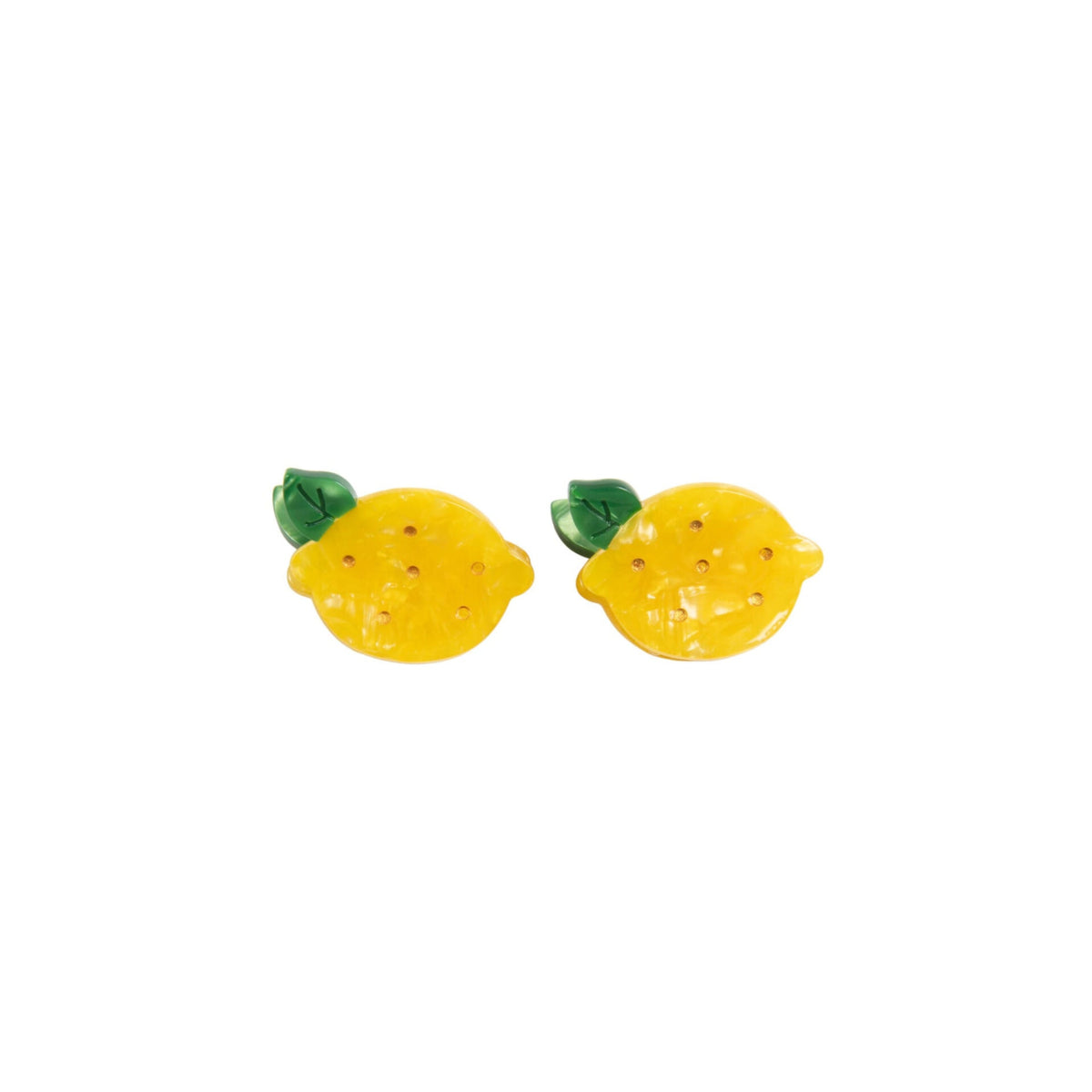 Lemon-shaped mini hair clips with green leaves on a white background