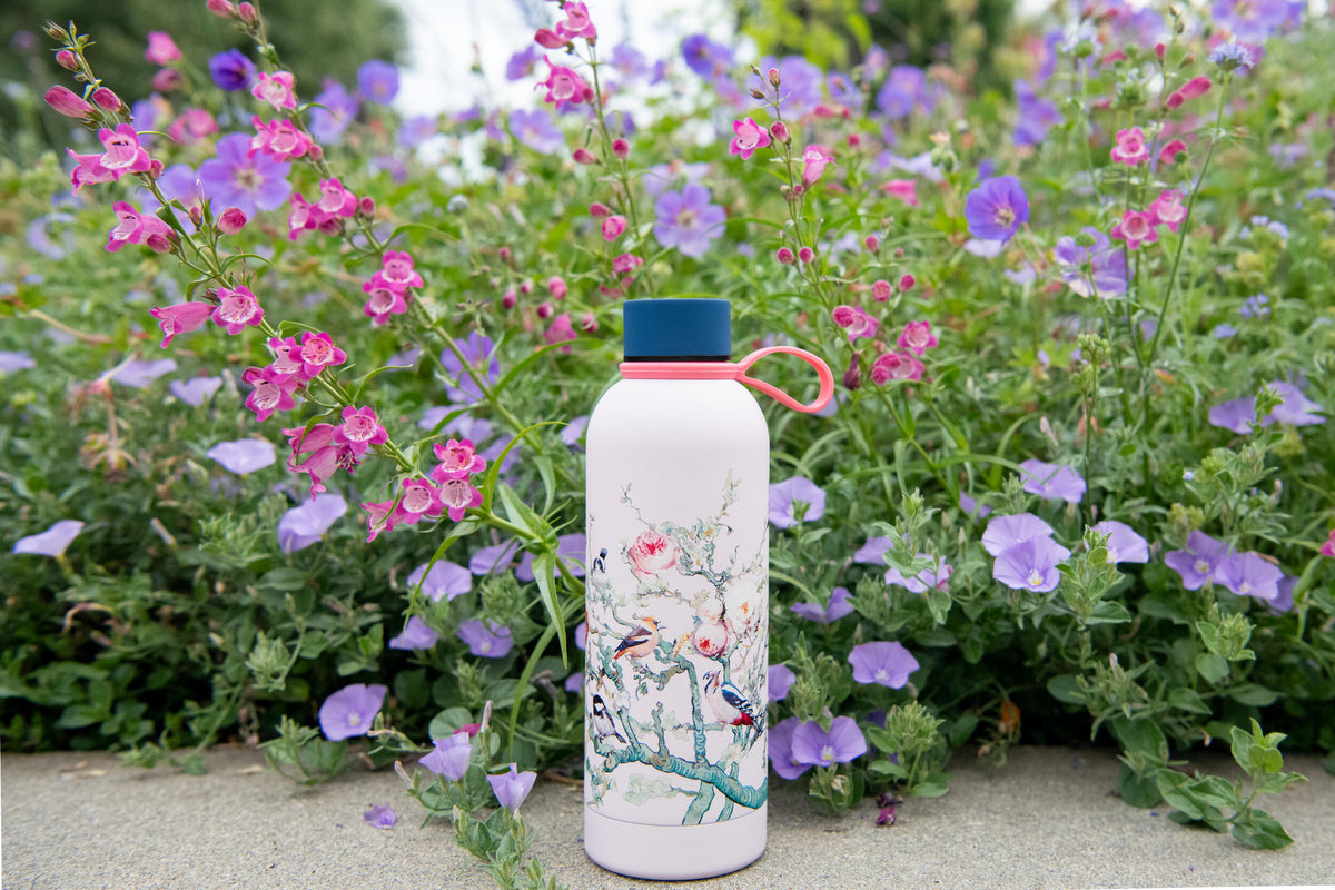 Water bottle with floral design in a garden setting