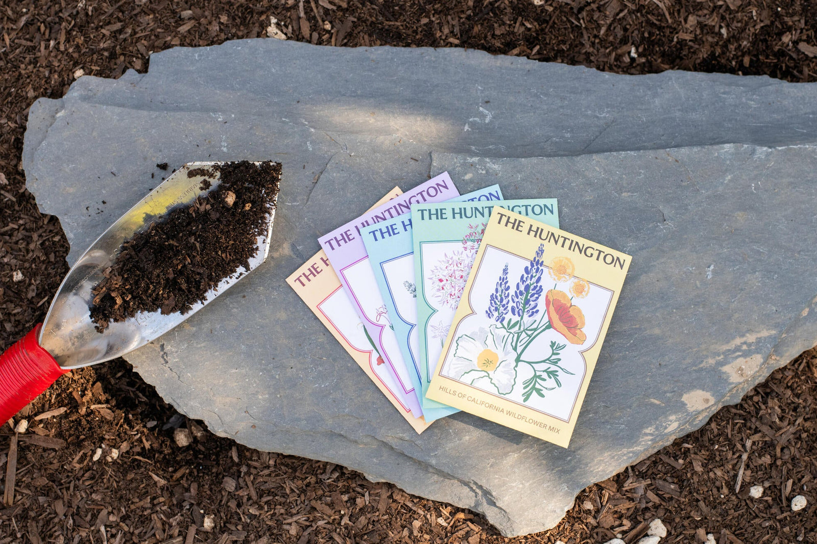 Gardening tools and The Huntington seed packets on a rock in soil