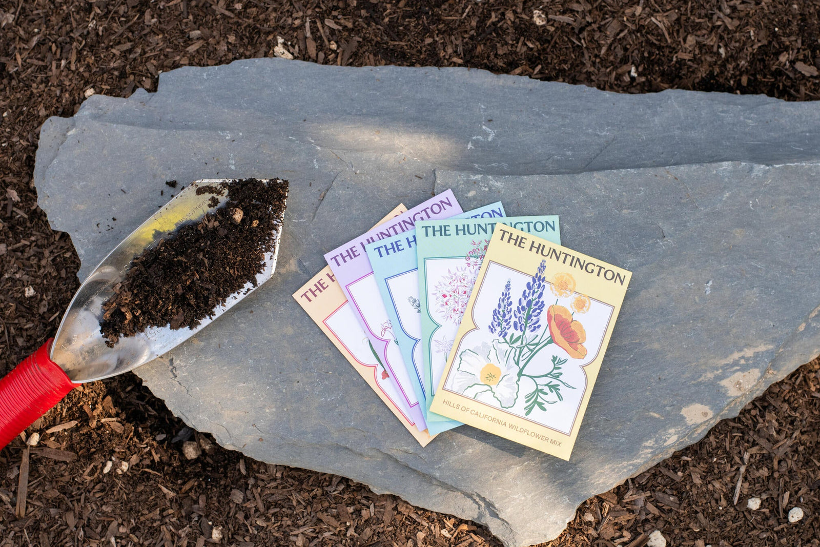 Gardening tools and The Huntington seed packets on a rock in soil