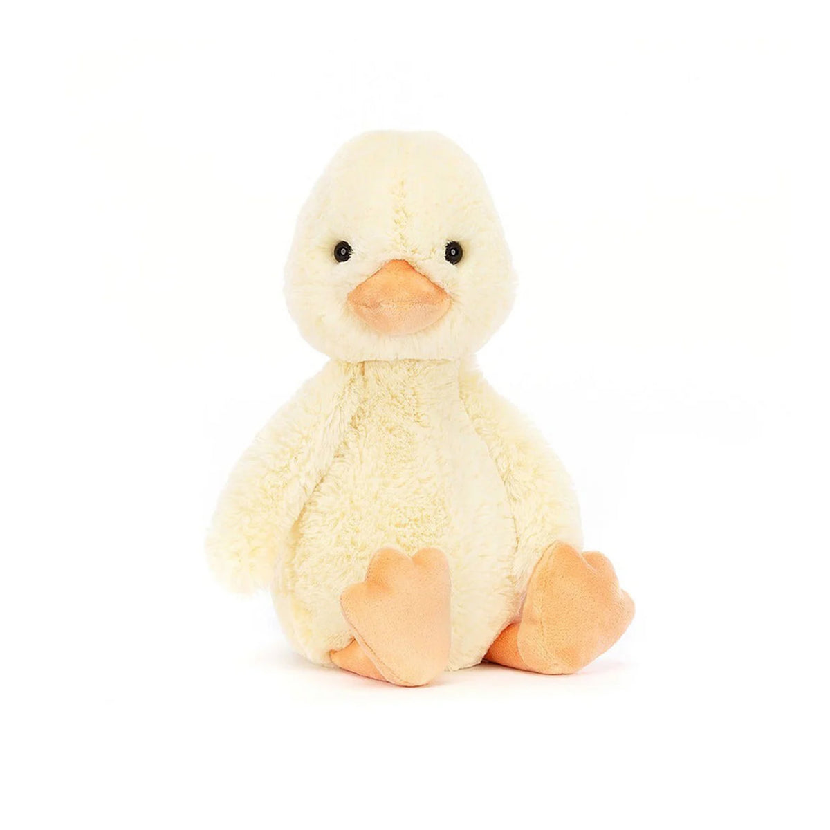 A plush stuffed Jellycat Bashful Duckling toy in pale cream with a peach-orange beak and feet, photographed against a clean white background.