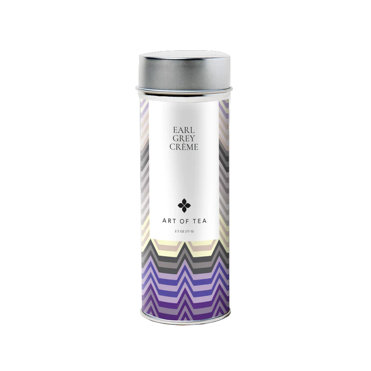 Canister of Earl Grey Creme tea by Art of Tea with a purple abstract design on a white background.