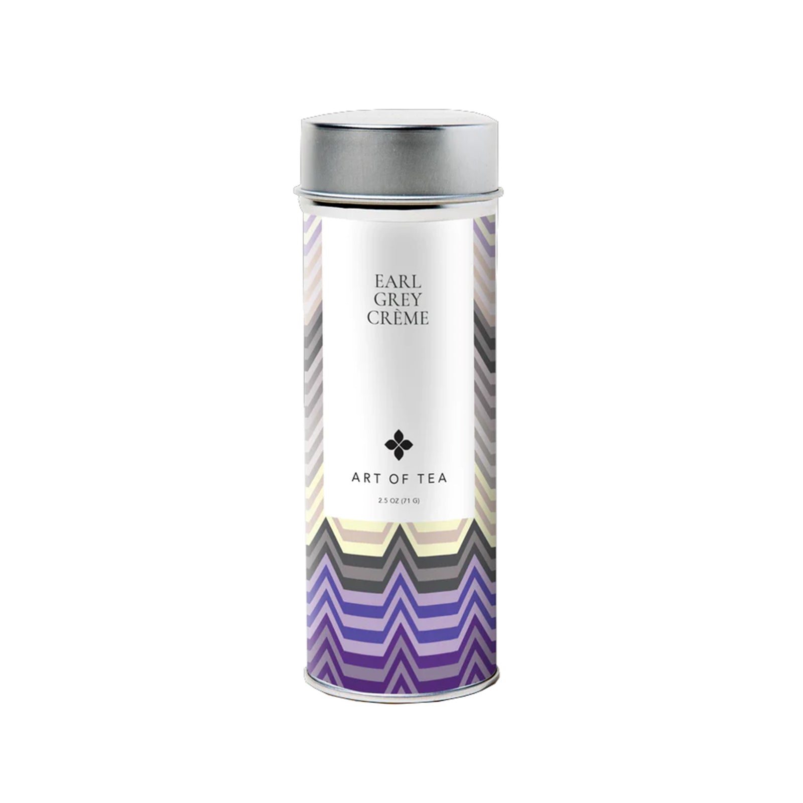 Canister of Earl Grey Creme tea by Art of Tea with a purple abstract design on a white background.