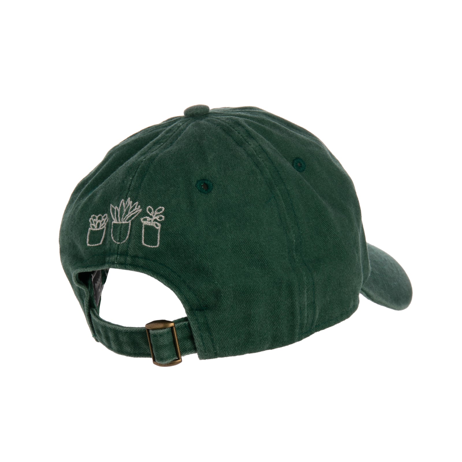 This soft, washed green baseball cap is perfect for, avid gardeners, yoga class devotees, golfers, dog walkers, runners and more! Featuring whimsical 'easily distracted by plants' embroidery on the front and embroidered potted plants at the back. Adjustable metal buckle. Materials: Cotton, Metal One size fits most.