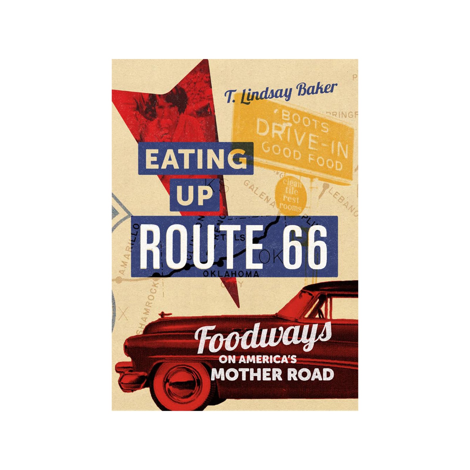 Book cover of 'Eating Up Route 66' with a red car and map design.