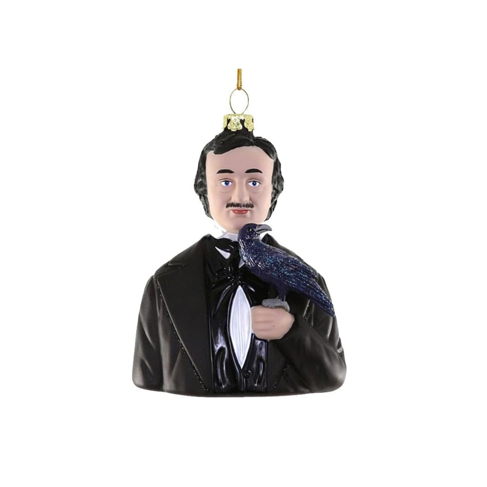 A decorative figurine of  Edgar Allan Poe, holding a black raven, with a gold hanging loop at the top, shown against a plain white background.
