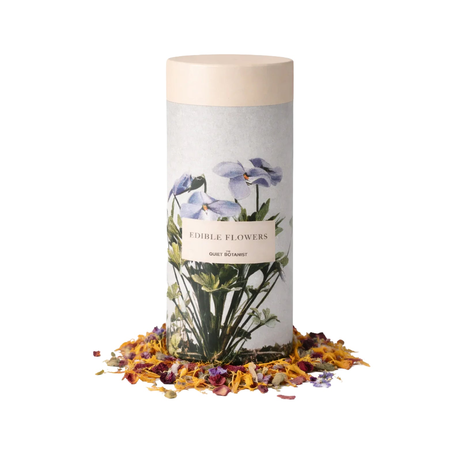Cylindrical container with floral design and dried flowers on a white background