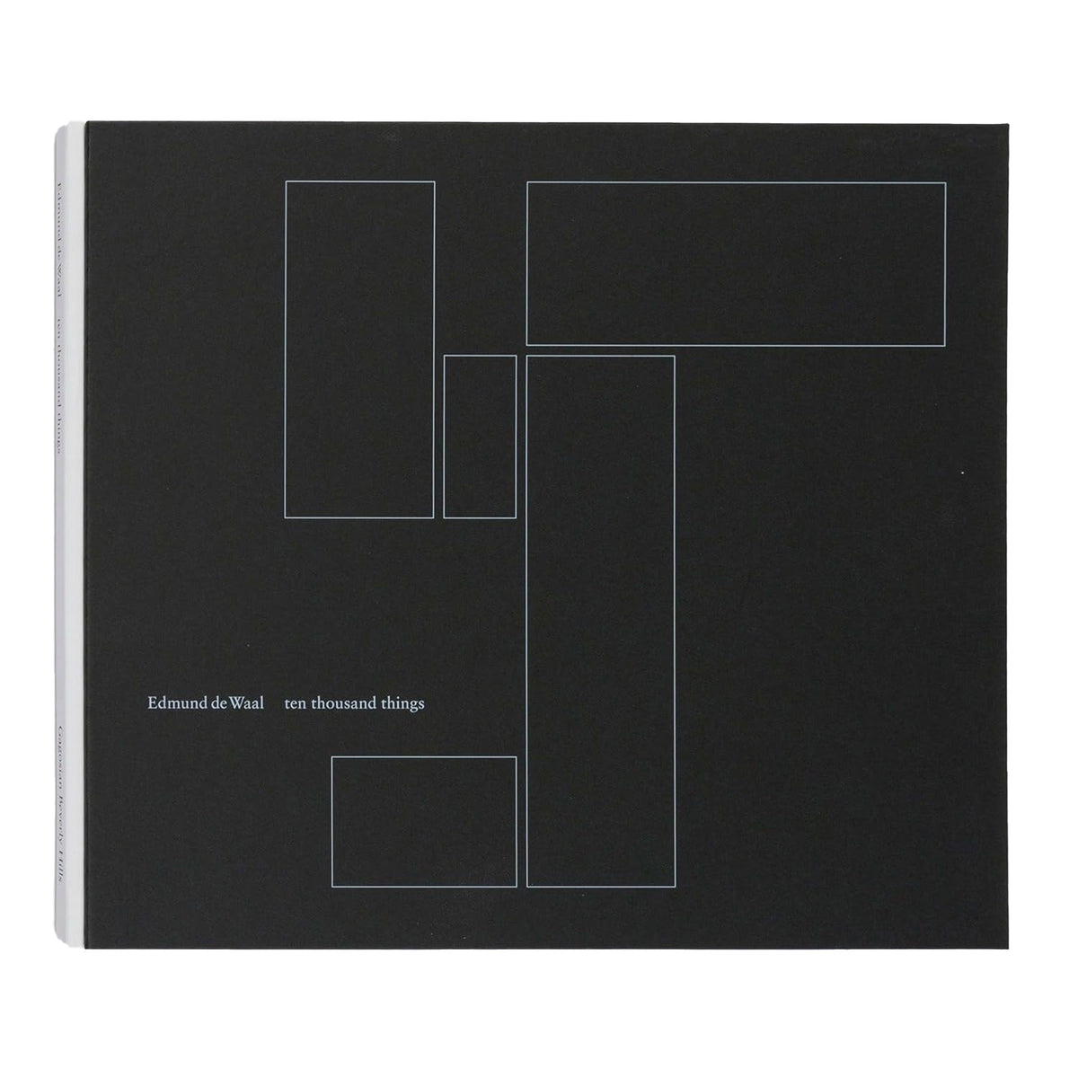 Black book cover OF &#39;Ten Thousand Things&#39; by Edmund De Waal with white geometric line design and text on a white background