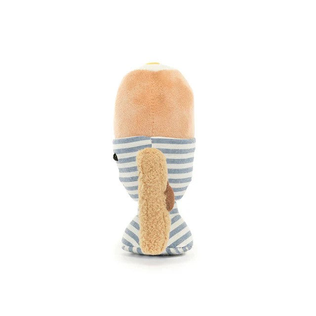 Jellycat Toy egg with a smiling face, striped body, and brown arms and legs on a white background