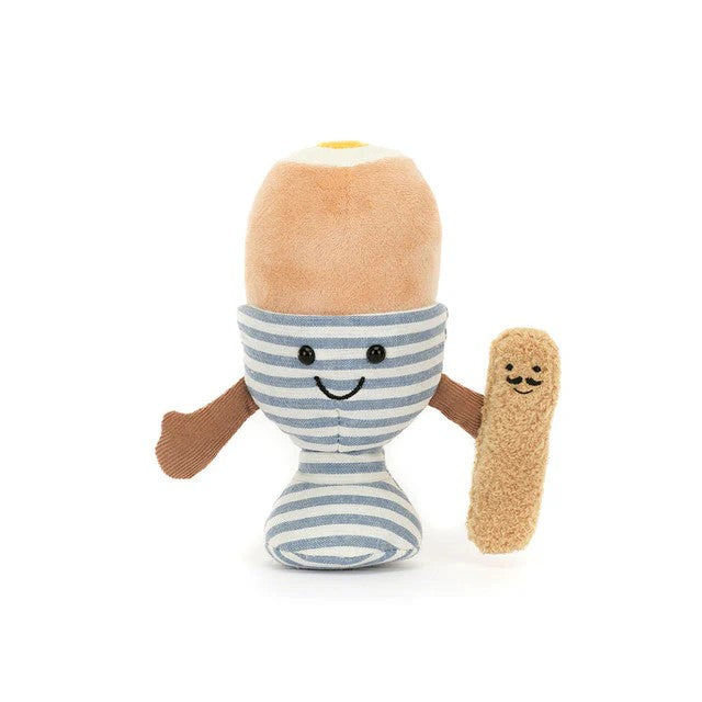 Jellycat Toy egg with a smiling face, striped body, and brown arms and legs on a white background