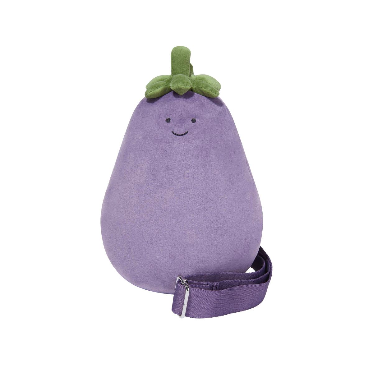 A purple eggplant-shaped shoulder bag with a green stem detail and a smiling embroidered face, featuring a matching purple strap with a silver buckle.