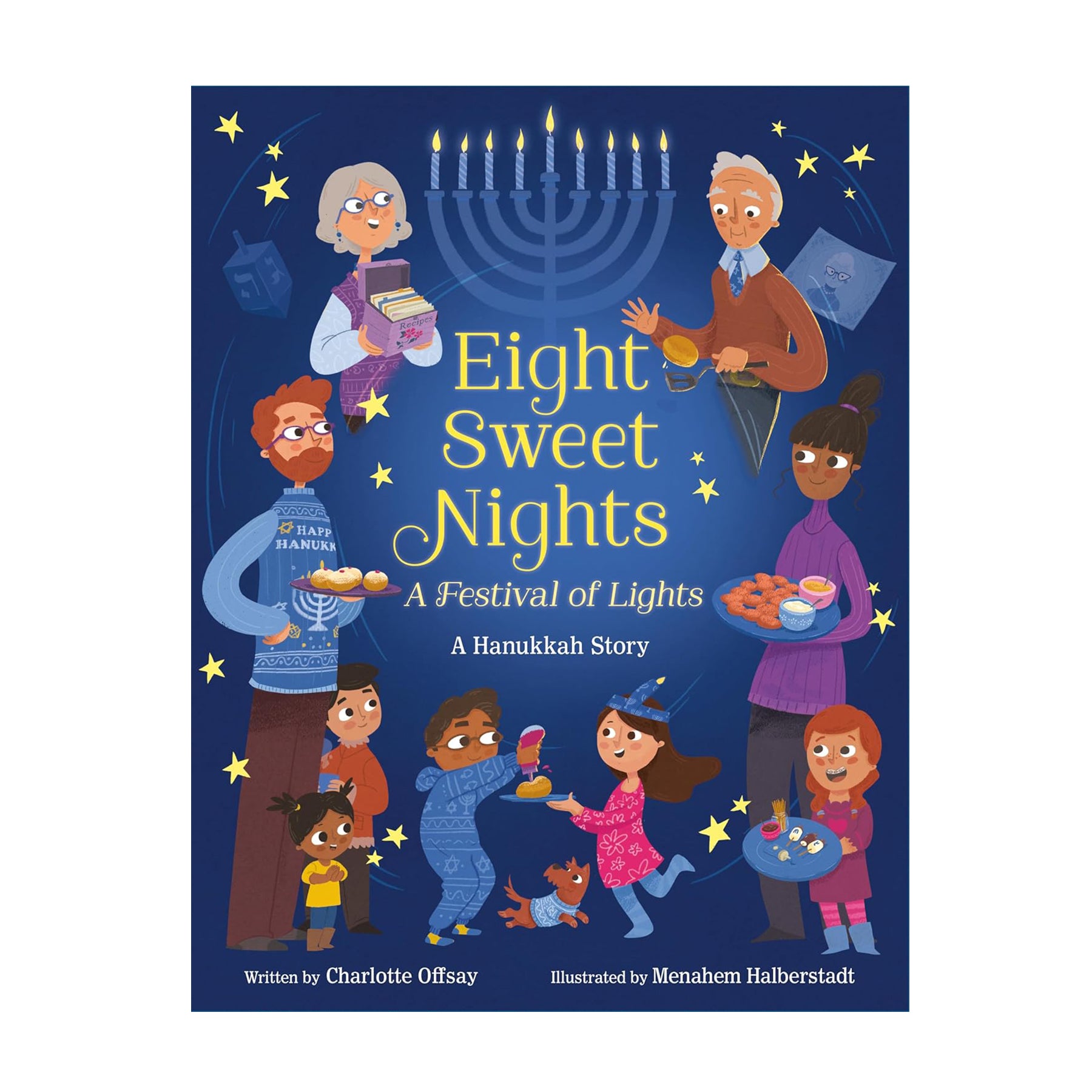 Book cover of 'Eight Sweet Nights: A Festival of Lights' with illustrated characters around a Menorah.