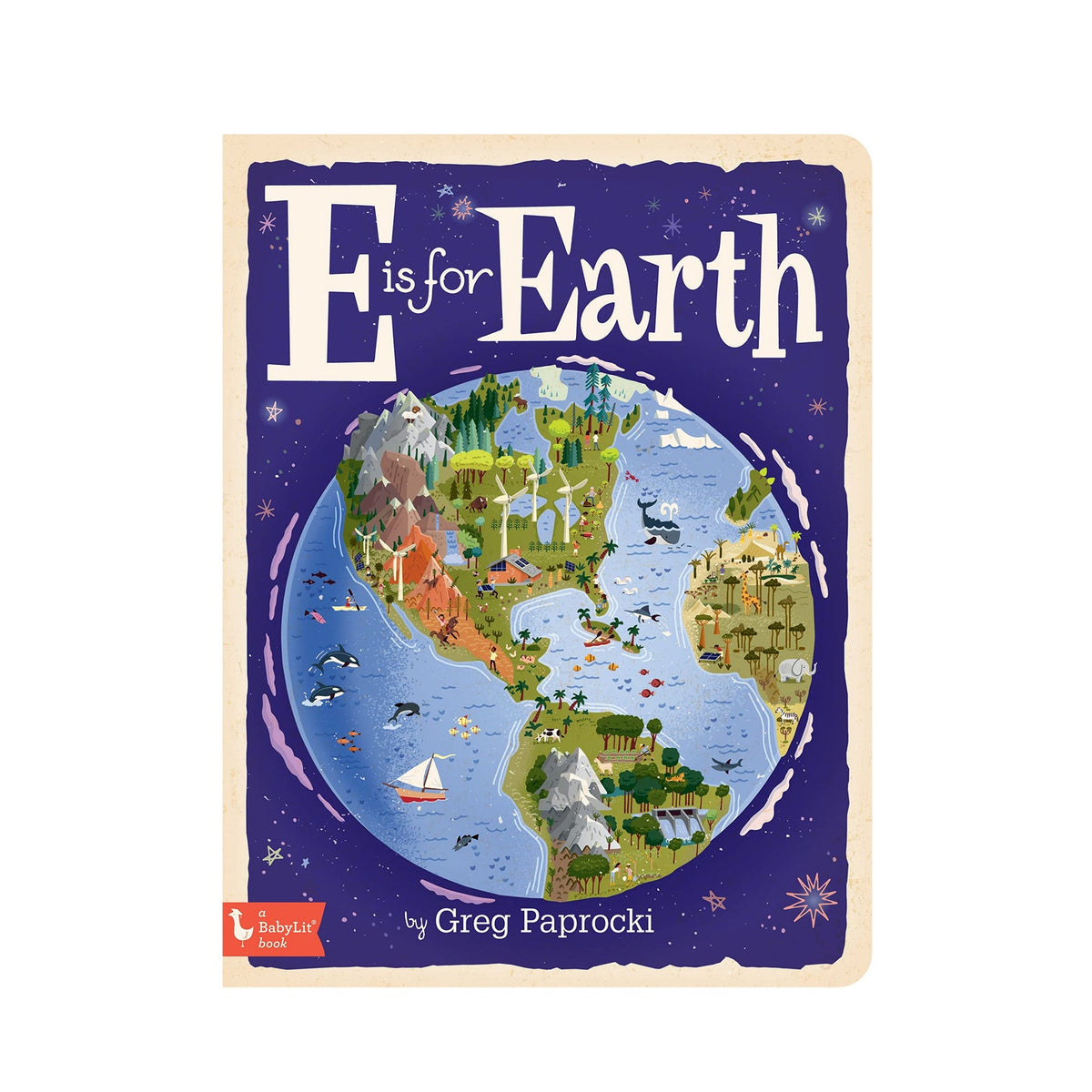 Book cover of 'E is for Earth' with a world map illustration on a purple background.